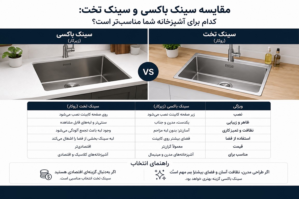 مقایسه سینک باکسی و سینک تخت: کدام برای آشپزخانه شما مناسب‌تر است؟