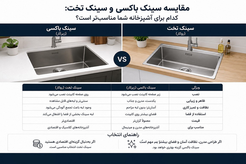 مقایسه سینک باکسی و سینک تخت: کدام برای آشپزخانه شما مناسبتر است؟